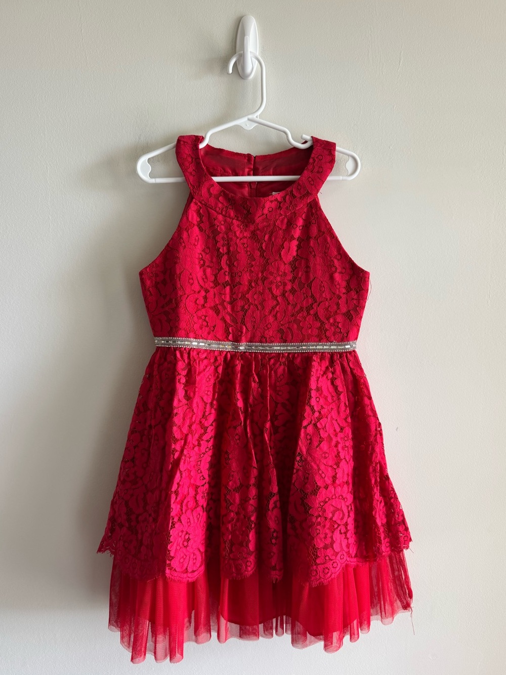 Rare Editions Silver Rhinestone Band Lace Dress